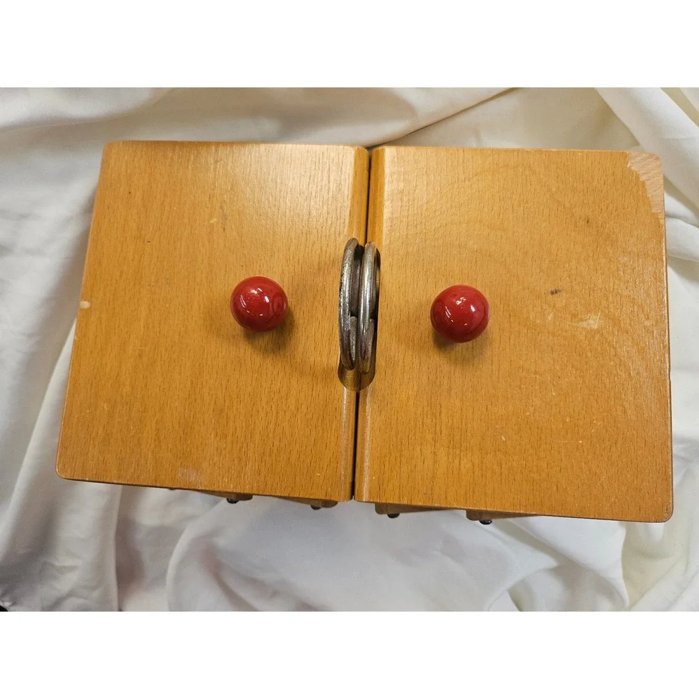 Vintage Wooden Accordion Sewing Box Cantilever 3 Tier Storage Chest Red Knobs
